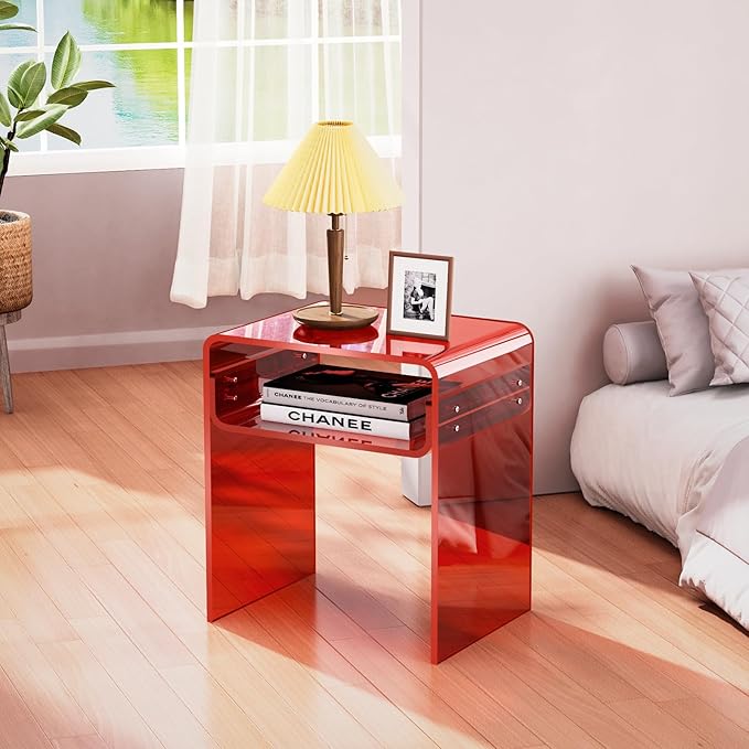 Clear Acrylic End Table 2-Tier Bedside Nightstand for Living Room Bedroom (1, Red)