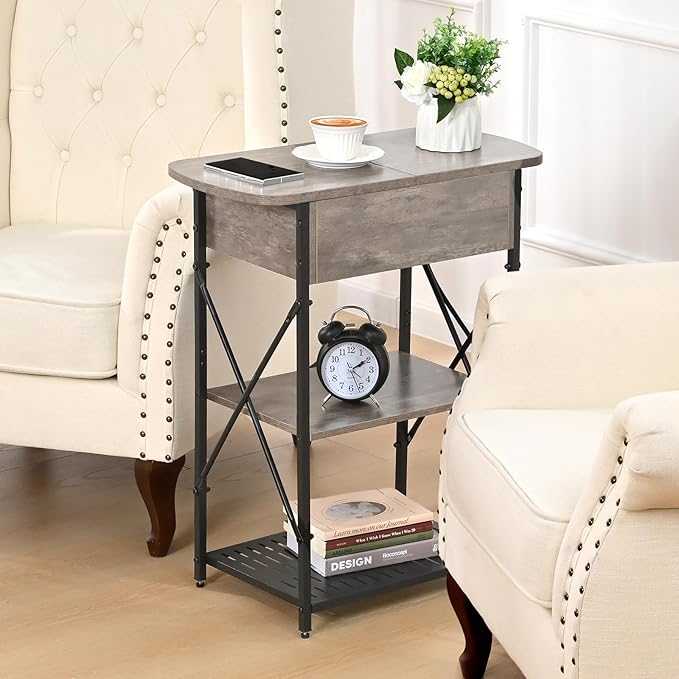 Narrow Side Table with Charging Station, End Tables Set of 2 for Small Spaces, Flip Top End Table with Storage, End Tables Living Room, Nightstand Set 2 with Drawer for Bedroom, Grey