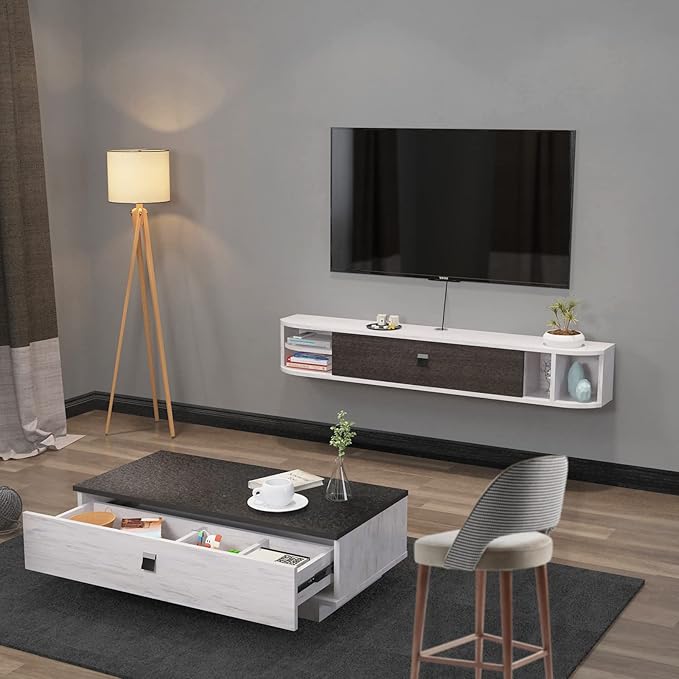 Pmnianhua Floating TV Stand,47'' Under TV Shelf,Floating TV Console,Wall Mounted TV Cabinet,Floating Entertainment Center with Storage for Bedroom Living Room(Gray-White)