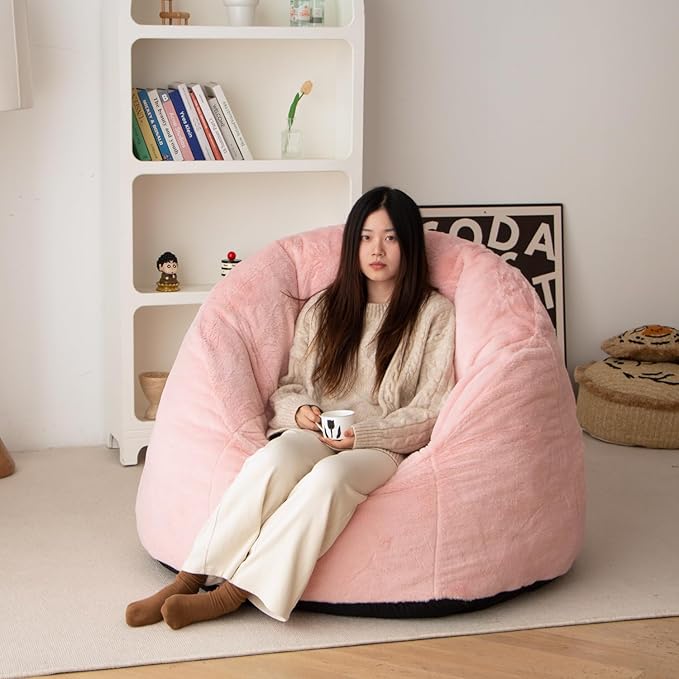 N&V Large Shell Bean Bag Chair, Adult Size Bean Bag Sack, Foam Filling, Includes Removable and Machine Washable Cover, 40in, Soft Faux Fur, Pink