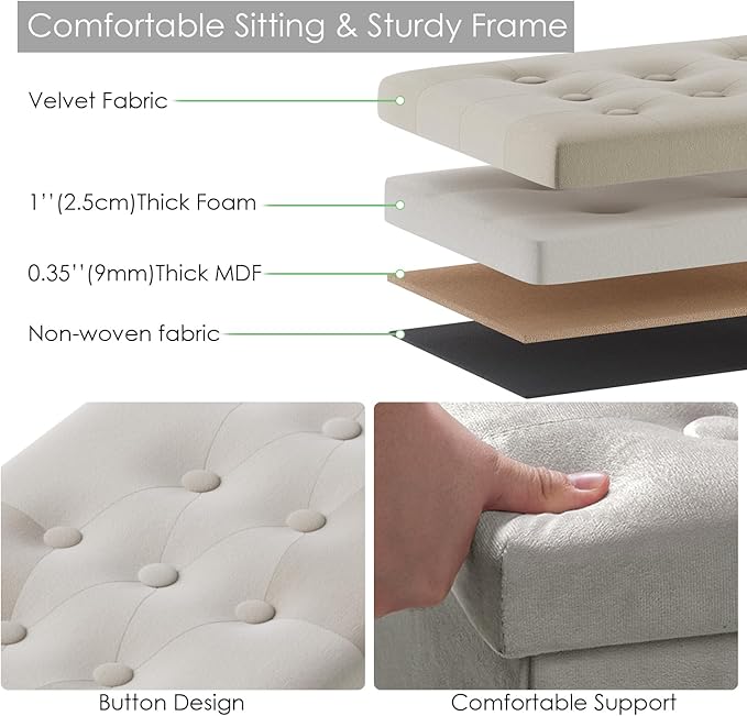 PRANDOM Jumbo Ottoman with Storage [1-Pack] Velvet Folding Small Square Foot Stool with Lid for Living Room Bedroom Coffee Table Dorm Beige 43x15x15 inches