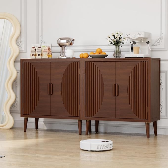 COSIEST Set of 3 30" Storage Sideboards with Doors, Accent Cabinets with Magnetic Push-to-Open Doors, Brown Line Pattern, Entryway Console for Living Room, Kitchen, Hallway