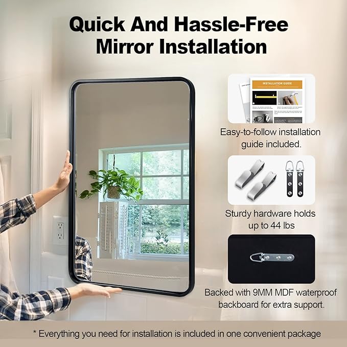 ANDY STAR Black Bathroom Mirrors for Wall, 22X30 Inch Rounded Rectangle Mirror, Matte Black Bathroom Vanity Mirror, Tube Metal Framed Wall-Mounted Mirror Horizontally or Vertically