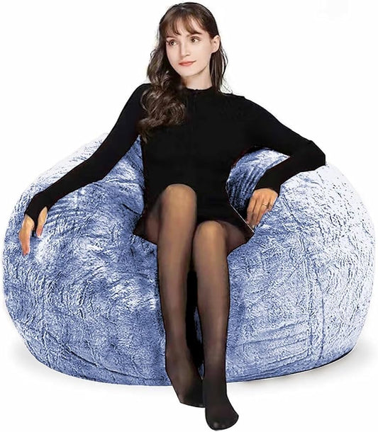 Bean Bag Chair for Adults Kids Without Filling Comfy Fluffy Round Beanbag Lazy Sofa Cover for Reading Chair Floor Chair, 3.5FT, Sliver Blue