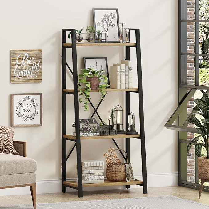 BON AUGURE Farmhouse Ladder Shelf Bookcase, 4 Tier Rustic Ladder Bookshelf, Standing Leaning Book Shelves for Living Room (Vintage Oak)