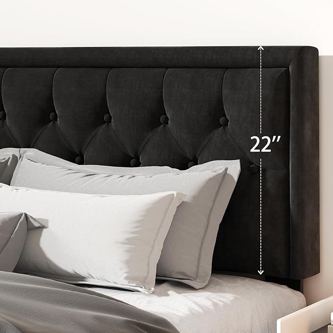 King Size Platform Bed Frame with Upholstered Velvet Button Tufted Headboard, Mattress Foundation with Wooden Slat Support, No Box Spring Needed, Easy Assembly, Noise Free, Black.