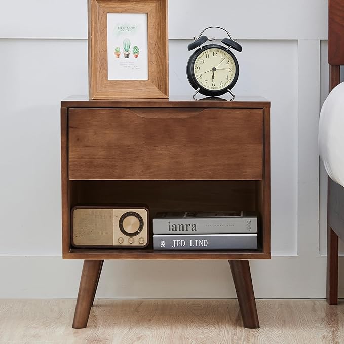 Uniclinens Nightstand with Drawer and Opening Storage, Modern Solid Rubberwood Bedside Table for Bedroom, 19" Sofa Side Table End Tables Living Room, Walnut