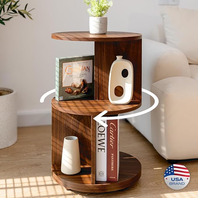 KAYMILY Living Room Side Table, Office Round Rotating End Table, Bedroom Mid Century Modern Nightstands, Contemporary Accent Tables - Easy Assembly - MDF Wood - Revolving - Walnut