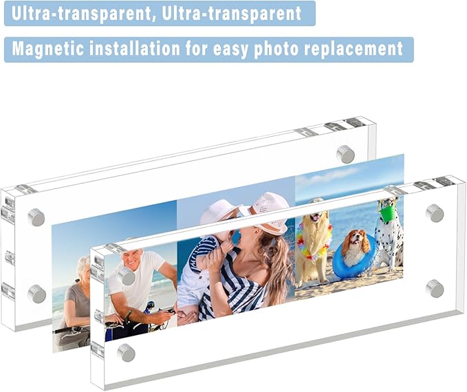 HELPLEX Acrylic Frame, 3 Pack 2x6 Acrylic Picture Frames, 20mm Thicker Frameless Clear Frame Double Sided Magnetic Frame, Free Standing Desktop Display Stand Acrylic Frames, 2x6(3 PACK)
