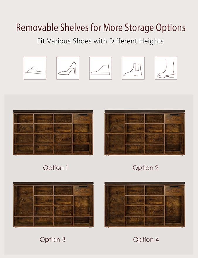 DINZI LVJ Shoe Bench, Entryway Storage Bench with Drawer and 15 Cubbies, Cubby Shoe Rack with Adjustable Shelves, Shoe Organizer Cabinet for Living Room, Bedroom, Mudroom and Garage, Rustic Brown