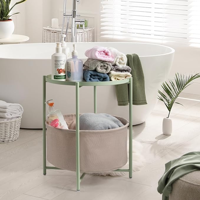 danpinera Round Side Table with Fabric Storage Basket, Metal Side Table Small Bedside Nightstand with Removable Tray Top for Living Room, Bedroom, Nursery, Laundry, Light Green