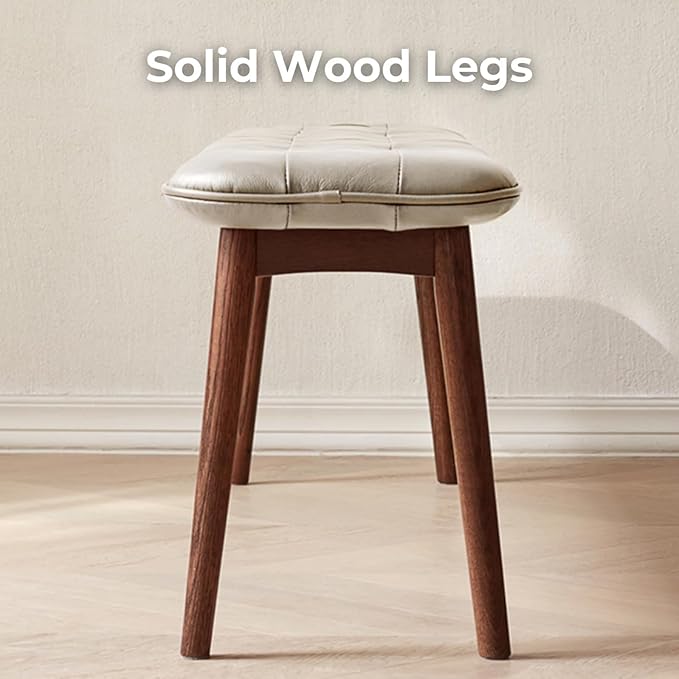 Upholstered Bench, 51.18 in Natural Oak Wood for Dining Table Bench for Living Room with Leather Cushion, End of Bed Footrest Stool Brown