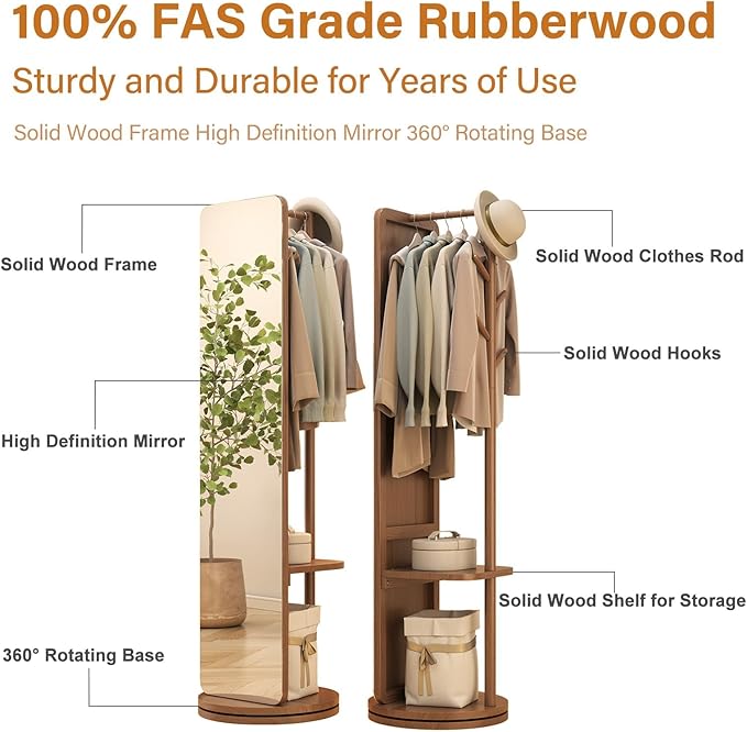 70"x16"Full Length Mirror with Stand,Coat Rack with Mirror,Solid Wood Floor Mirror,Swivel Mirrorfor Bedroom, Living Room, Cloakroom