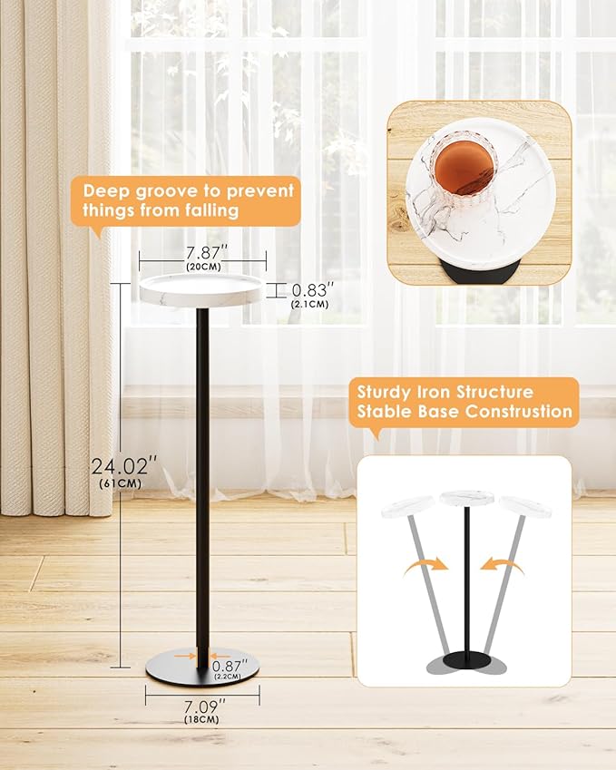 Drink Table, Small Pedestal Side Table, Round Cocktail Table, Circle Accent End Table with Metal Base, for Small Spaces (2, White Marble)
