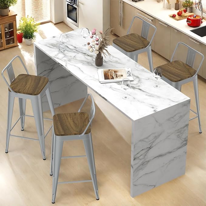Silver Bar Stools Set of 4, Metal Bar Stools with Wooden Seat, Modern 24”Counter Height Barstools with Low Back