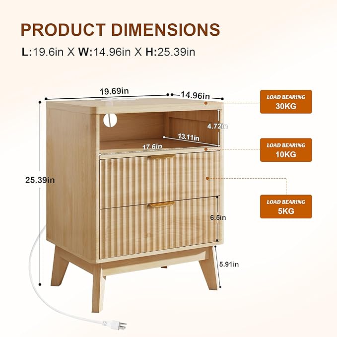LYNCOHOME Fluted Nightstand Set of 2 with Charging Station, 19.7 inch Wide with 2 Drawers, Modern Wood Bedside Table for Bedroom, Natural
