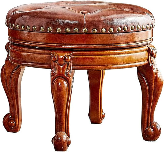 Solid Wood Foot Stool Round Ottoman Mid-Century Footrest Sofa Stool with Microfiber Leather Cushion for Living Room, Bedroom, Entryway (Brown)