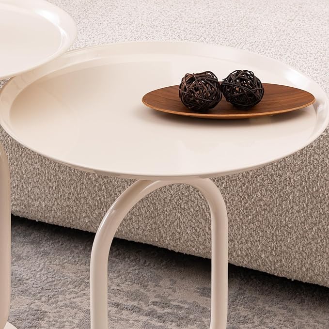 Lantern-Shaped Metal End Table, Small Round Side Accent Pedestal Modern Coffee Drink Cocktail Table for Living Room Corners Small Spaces(21.3'' Height,Cream White)