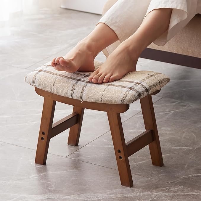 Foot Stool,Ottoman,Bamboo Small Sofa Foot Rest Under Desk,Extra Seating for Living Room, Bedroom and Kitchen (Brown Stool Legs - Stripes Surface)