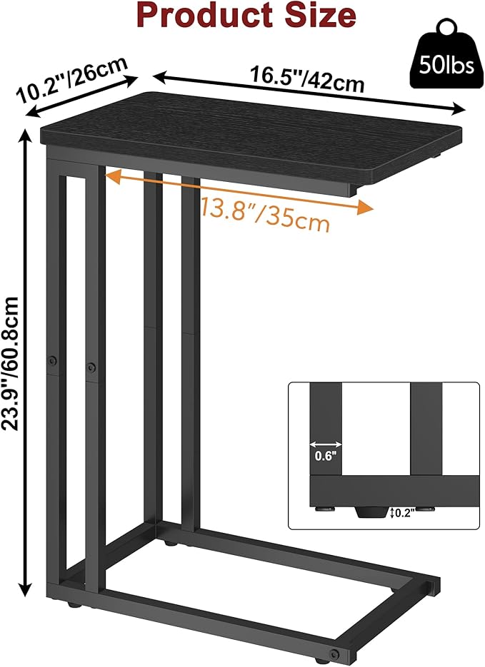 Yusong C Shaped End Table - Slide Under Sofa Couch Bed, Small Table for Small Spaces, Skinny Overbed, Coffee Drink Snack Table for Living Room, Black Oak