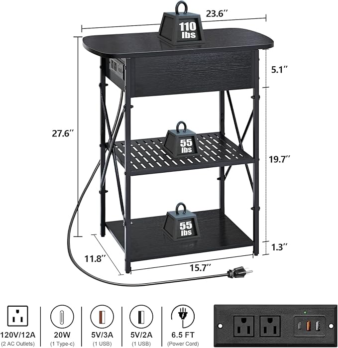 Narrow End Table with Charging Station, Side Table with 3 USB Ports and 2 AC Outlets, Flip Top End Table with Storage, Black Side Tables Living Room, Nightstand with Drawer for Bedroom