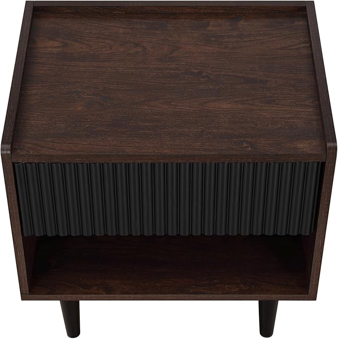 Manhattan Comfort Duane Modern Ribbed Nightstand Set of 2, Bedside Table with Full Extension Drawer and Open Shelf, Industrial Chic Living Room and Bedroom Furniture, Black