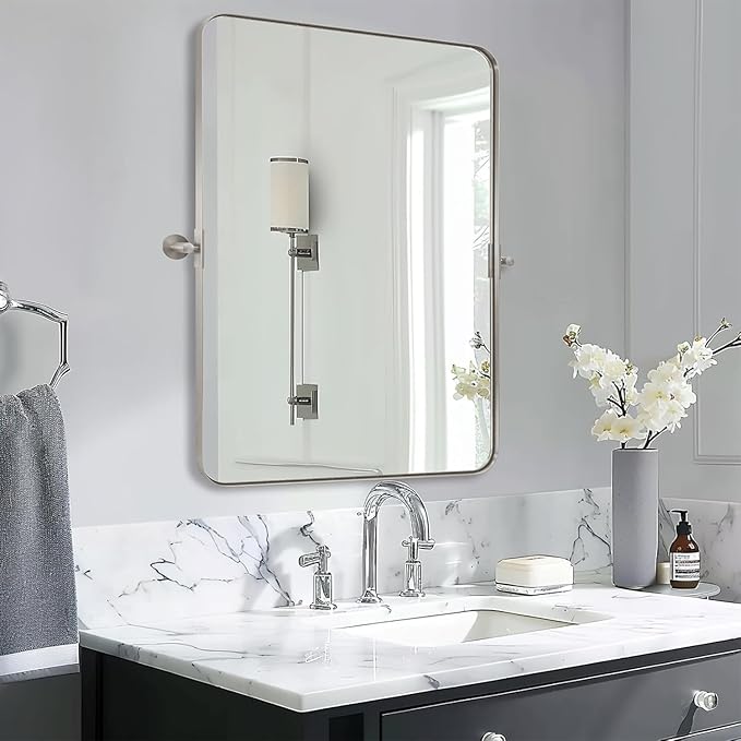 MOON MIRROR Brushed Nickel Pivot Mirror for Bathroom, Tilt Rounded Rectangle for Vanity, Overall 32.33 x 36 in (Mirror 28x 36 in)
