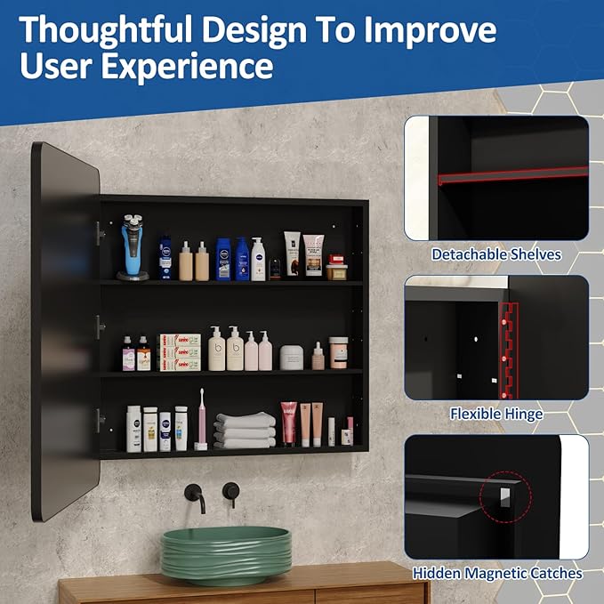 30x32 Inch Bathroom Medicine Cabinet with Mirror Black Metal Framed Mirror Cabinet Recessed or Surface Wall Mounted Medicine Cabinets for Bathroom