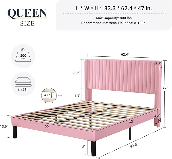 Allewie Queen Size Velvet Bed Frame/Vertical Channel Tufted Wingback Headboard/Upholstered Platform Bed/Strong Wooden Slats/No Box Spring Needed/Easy Assembly/Pink
