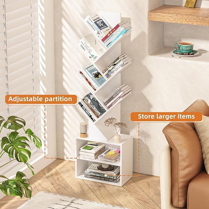 10 Tier Tree Bookshelf,Floor Standing Wood Tall Bookcase for Narrow Space, Storage Organizer Bookshelves for Books, Book Case for CDs/Movies/Books,Home Office,Living Room, Bedroom