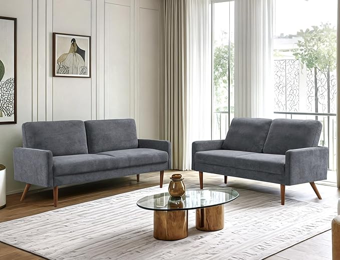 Kent 2 Piece Velvet Sofa and Loveseat Set, European Style with Modern & Vintage Flair, Upholstered 5 Seater Couch, Chic Living Room Furniture Seating for Home, Apartment or Office, Grey
