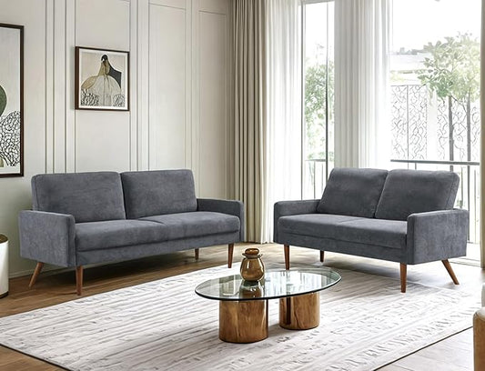 Kent 2 Piece Velvet Sofa and Loveseat Set, European Style with Modern & Vintage Flair, Upholstered 5 Seater Couch, Chic Living Room Furniture Seating for Home, Apartment or Office, Grey