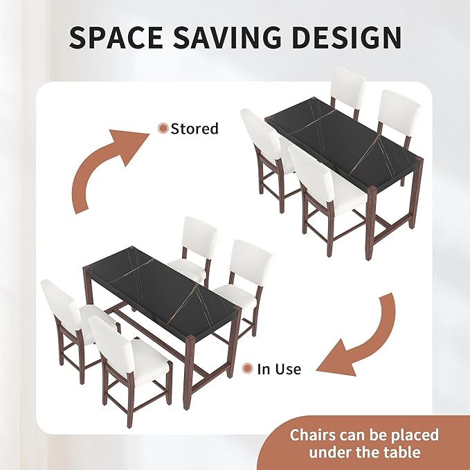 Ball & Cast 5-Piece Dining Table Set for 4,Kitchen Table Set W/Faux Marble Bar Table,Counter Height Living Room Furniture W/ 4 Upholstered Chairs,for Dining Room,Pub Kitchen,Small Place,Black+Beige