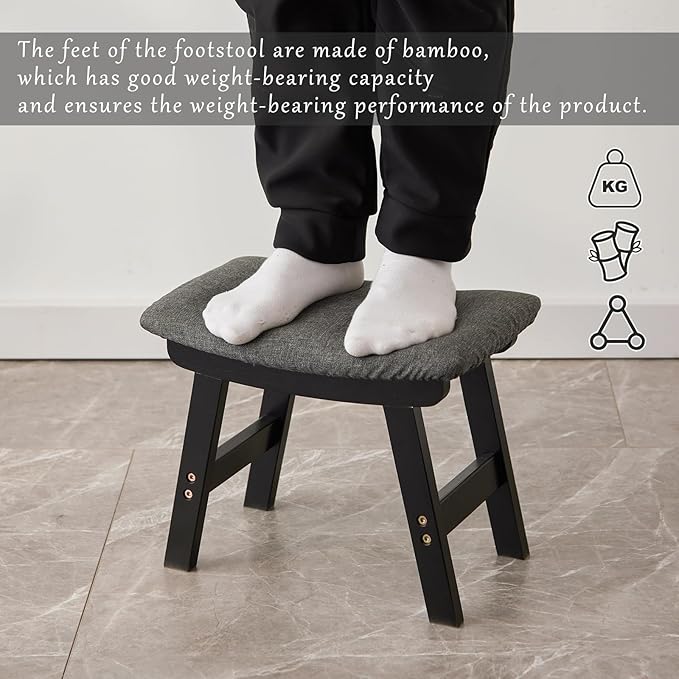 Foot Stool,Ottoman,Bamboo Small Sofa Foot Rest Under Desk,Extra Seating for Living Room, Bedroom and Kitchen (Black Stool Legs - Gray Surface)