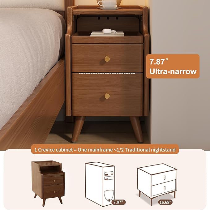 Wood Nightstand, Walnut Nightstand with 2 Drawers, Bedside Table for Bedroom