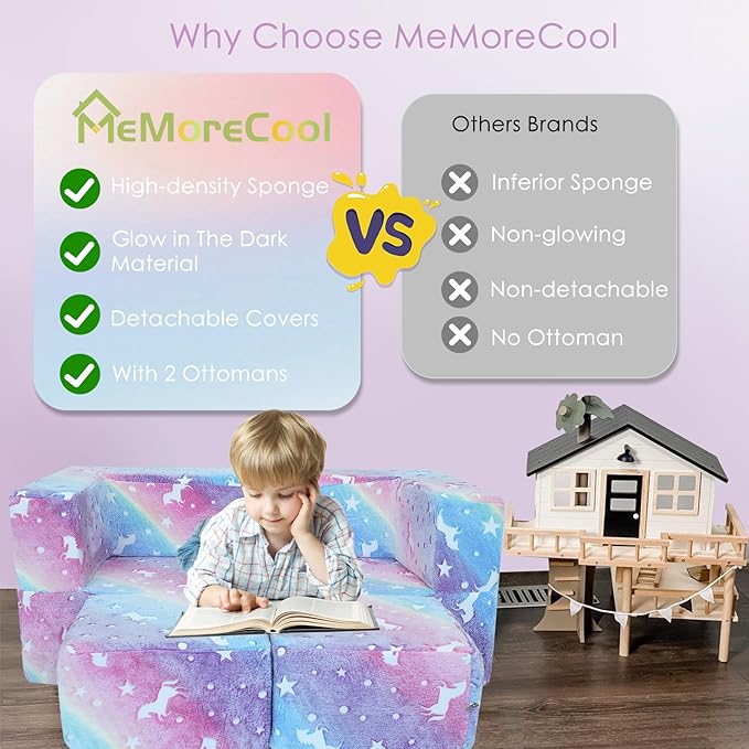 MeMoreCool Glow in The Dark Kids Couch, Rainbow Fold Out Toddler Sofa, Modular Play Couch for Bedroom and Playroom, Baby Sofa Kids Furniture