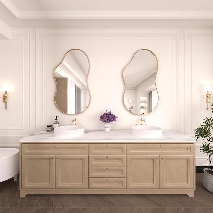 WEER Irregular Wall Mirror, 20x36 inch Gold Asymmetrical Mirror Wall Mounted Mirrors Decorative, Abstract Wavy Aluminum Alloy Frame Mirror for Bathroom, Bedroom, Living Room, Entryway