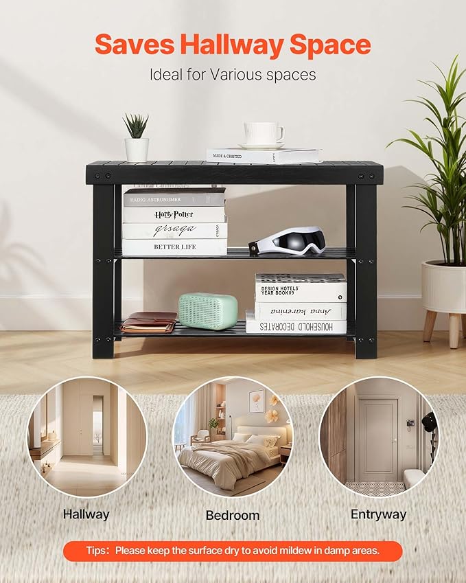 VEVOR Shoe Rack Bench, 3-Tier Bamboo Entryway Bench, Shoe Storage Organizer Holds Up to 286 lbs, 27.6 x 11.3 x 17.8 Inches, for Front Door, Hallway, Living Room, Bedroom, Black