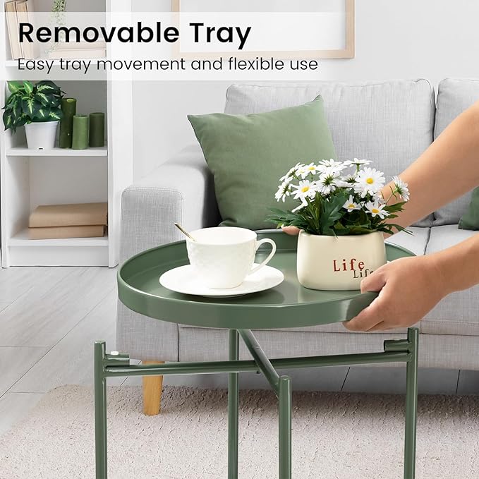 danpinera 2 Tier Metal Side Table with Removable Tray, Folding End Table Outdoor Small Accent Table, Anti-Rust Green Nightstand for Bedroom Balcony Patio, Set of 2 (Dark Green)