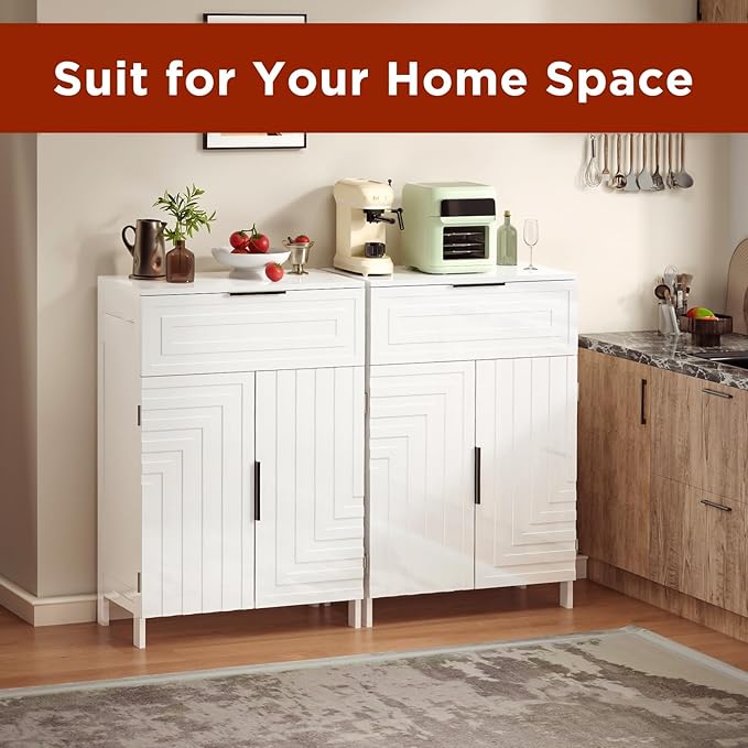 Storage Cabinet Bathroom Floor Cabinets with Drawer Freestanding Kitchen Cabinet Fluted Coffee Bar Cabinet for Living Room, Entryway, Garage Accent Storage Organization - 23.6x11.8x35.4- White