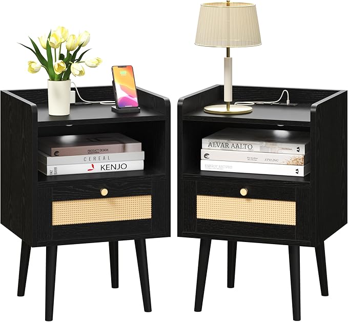 Nightstand Rattan with Charging Station, Mid Century Modern Bed Side Table, Boho End Table with Wood Legs, Bedside Tables for Bedroom Living Room (2, Black, 11.8" D x 15.9" W x 23.4" H (1 Drawers))