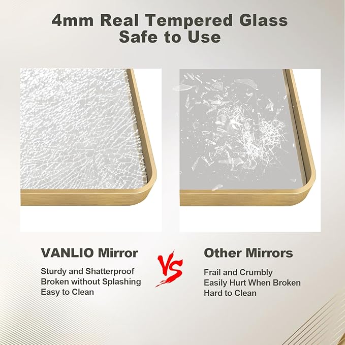 22x30 Inch Gold Framed Bathroom Mirror, Brushed Gold Metal Vanity Mirror, Rectangle Gold Mirror for Wall, Rounded Corner, Tempered Glass, Anti-Rust, Shatterproof (Horizontal/Vertical)