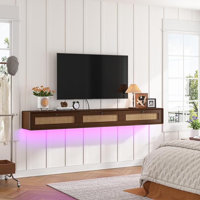 Fully-Assembled Floating TV Stand with 3 Rattan Doors, Rustic Floating Entertainment Center Under TV Shelf, Modern Large Storage Wall Mounted Media Console for Living Room Bedroom 70IN
