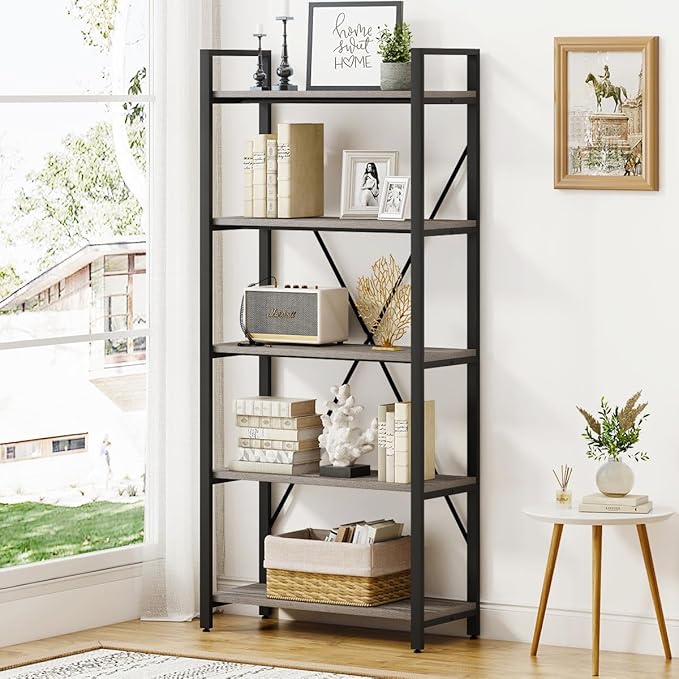 BON AUGURE Industrial Bookshelf, Etagere Bookcases and Book Shelves 5 Tier, Rustic Wood and Metal Shelving Unit (Dark Gray Oak)