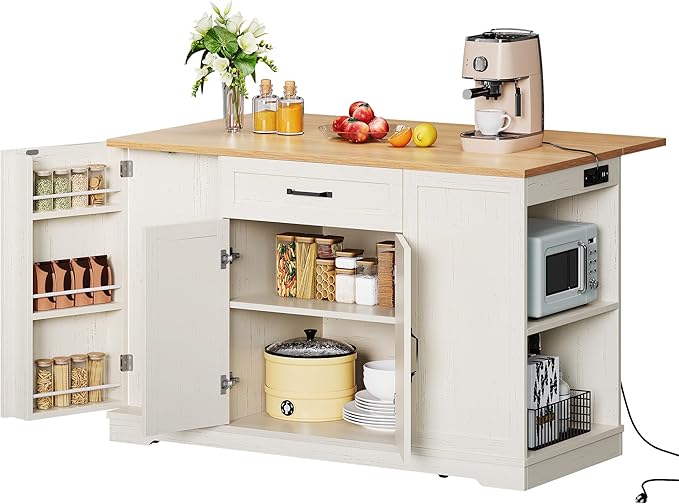 YITAHOME 50" Kitchen Island with Power Outlet & Drop Leaf, Rolling Island Cart with Trash Can Cabinet, Mobile Storage Islands with Microwave Rack, Door Storage Spice Rack, Retro White