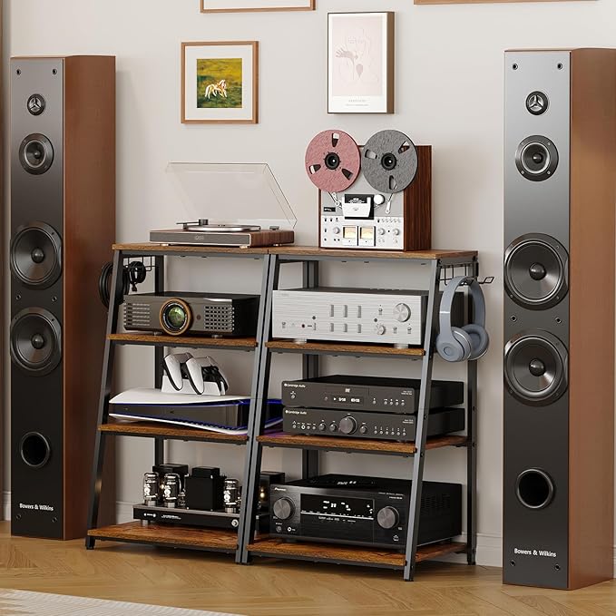 4-Tier AV Media Stand with 2 Hooks,Heavy Duty Stereo Cabinet Furniture-Large Stereo Rack and Game Console Stand,Wooden Record Player Stand,Audio Stand Perfect for DVD Players/Game Console/TV Box/Xbox