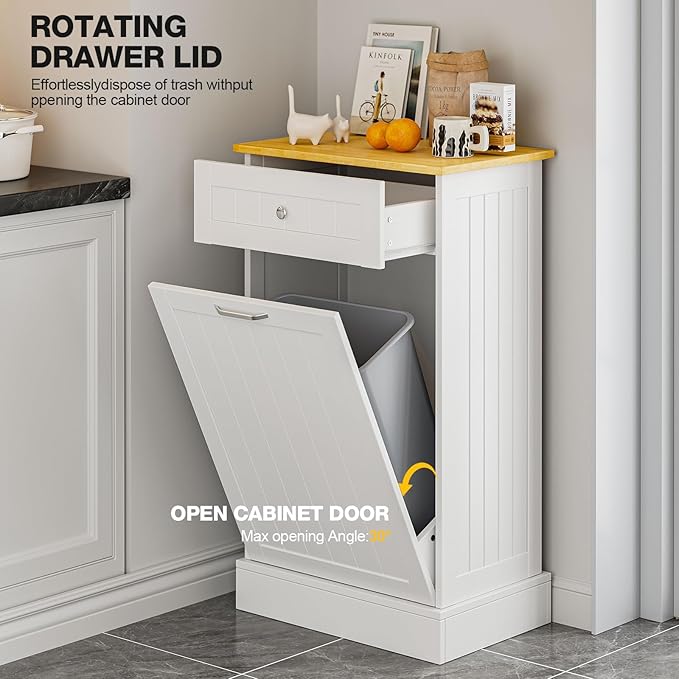 GAZHOME 10 Gallon Tilt Out Trash Cabinet, Upgrade Wooden Free Standing Recycling Trash Cabinet with Hideaway Drawer(White)