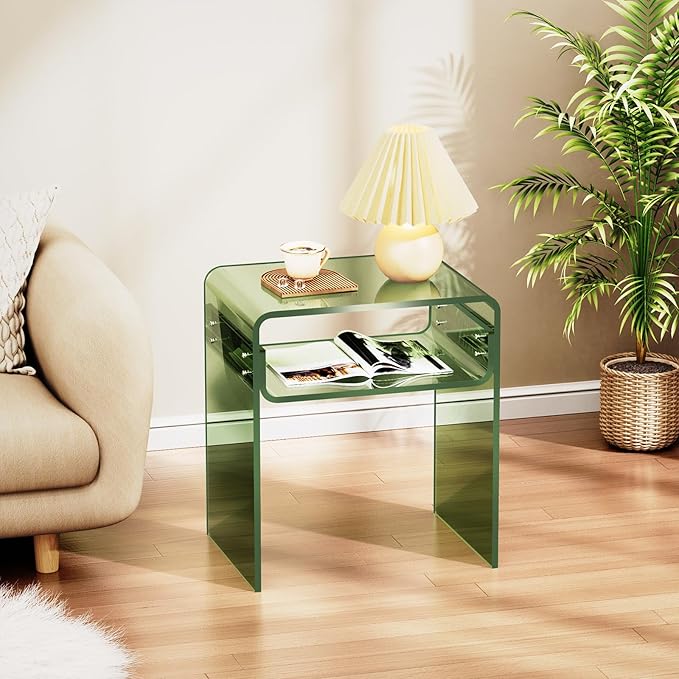 Clear Acrylic End Table 2-Tier Bedside Nightstand for Living Room Bedroom (1, Green)