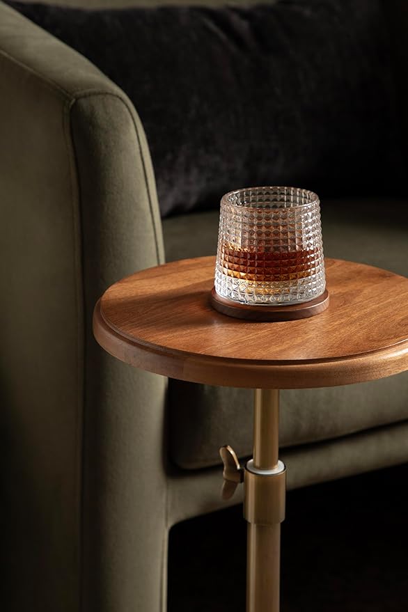 Kate and Laurel Engles Modern Adjustable-Height Pedestal Drink Table; 10 x 10 x 30; Walnut Brown and Brass; Mid-Century Round Indoor Metal Plant Stand with Solid Wood Tabletop