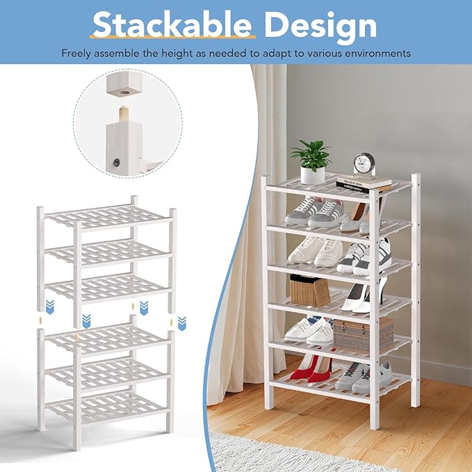 Haddockway small 3 Tier Bamboo Shoe Rack Storage Organizer, Multifunctional Free Standing Stackable Shoe Shelf with Grid Panel for Closet,Hallway,Entryway,Small Space 18"x11"x17"(White, 3-Tier(Small))